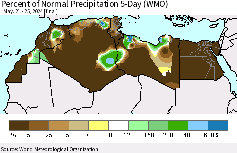 North Africa Percent of Normal Precipitation 5-Day (WMO) Thematic Map For 5/21/2024 - 5/25/2024