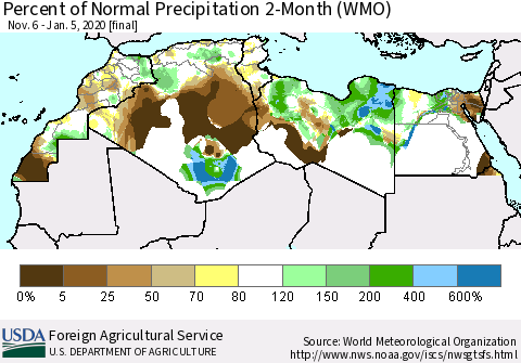 North Africa Percent of Normal Precipitation 2-Month (WMO) Thematic Map For 11/6/2019 - 1/5/2020