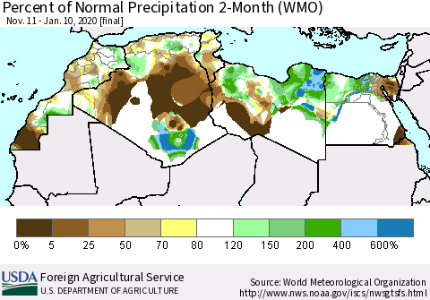 North Africa Percent of Normal Precipitation 2-Month (WMO) Thematic Map For 11/11/2019 - 1/10/2020