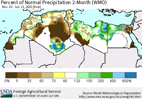 North Africa Percent of Normal Precipitation 2-Month (WMO) Thematic Map For 11/16/2019 - 1/15/2020