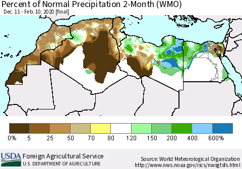 North Africa Percent of Normal Precipitation 2-Month (WMO) Thematic Map For 12/11/2019 - 2/10/2020