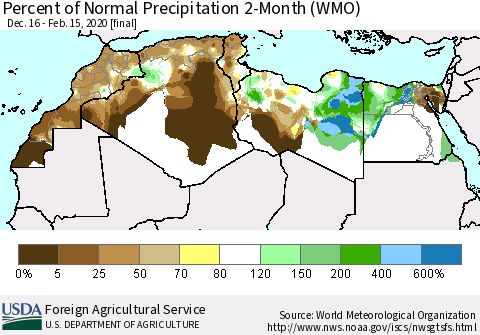 North Africa Percent of Normal Precipitation 2-Month (WMO) Thematic Map For 12/16/2019 - 2/15/2020