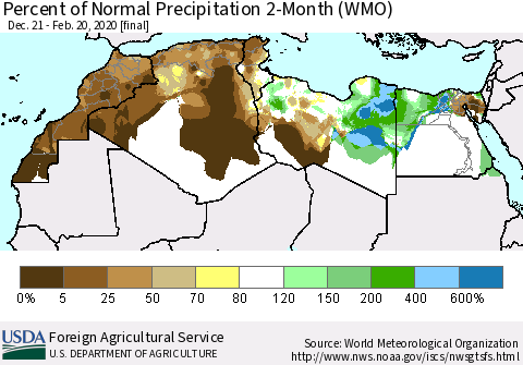 North Africa Percent of Normal Precipitation 2-Month (WMO) Thematic Map For 12/21/2019 - 2/20/2020