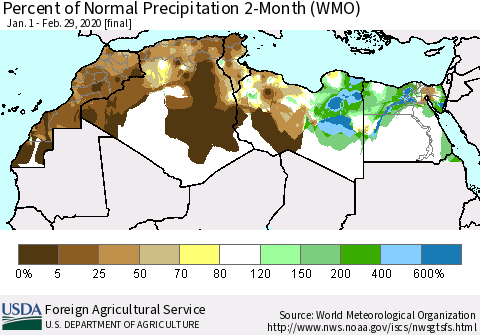 North Africa Percent of Normal Precipitation 2-Month (WMO) Thematic Map For 1/1/2020 - 2/29/2020