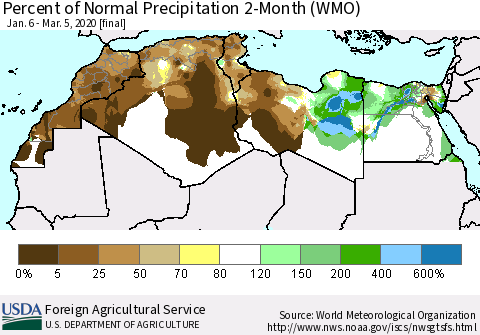 North Africa Percent of Normal Precipitation 2-Month (WMO) Thematic Map For 1/6/2020 - 3/5/2020