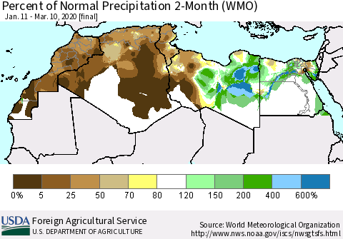 North Africa Percent of Normal Precipitation 2-Month (WMO) Thematic Map For 1/11/2020 - 3/10/2020
