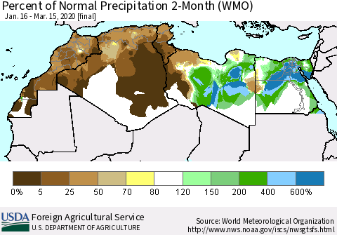 North Africa Percent of Normal Precipitation 2-Month (WMO) Thematic Map For 1/16/2020 - 3/15/2020