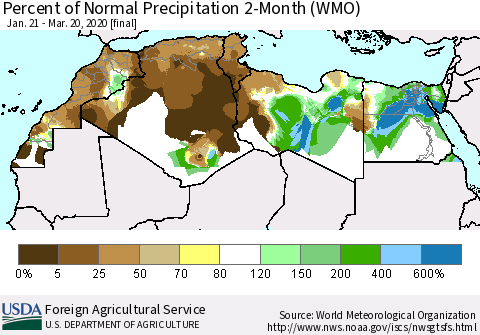 North Africa Percent of Normal Precipitation 2-Month (WMO) Thematic Map For 1/21/2020 - 3/20/2020