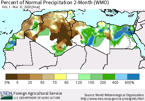 North Africa Percent of Normal Precipitation 2-Month (WMO) Thematic Map For 2/1/2020 - 3/31/2020