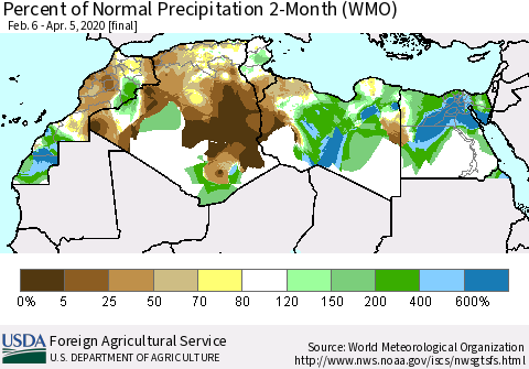 North Africa Percent of Normal Precipitation 2-Month (WMO) Thematic Map For 2/6/2020 - 4/5/2020