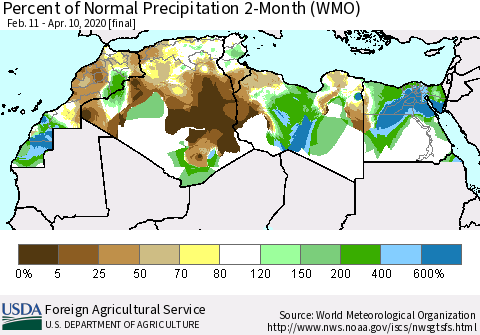 North Africa Percent of Normal Precipitation 2-Month (WMO) Thematic Map For 2/11/2020 - 4/10/2020