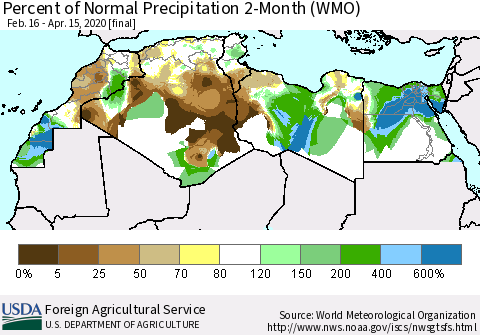 North Africa Percent of Normal Precipitation 2-Month (WMO) Thematic Map For 2/16/2020 - 4/15/2020