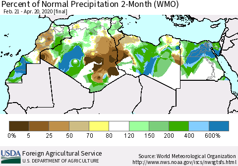 North Africa Percent of Normal Precipitation 2-Month (WMO) Thematic Map For 2/21/2020 - 4/20/2020