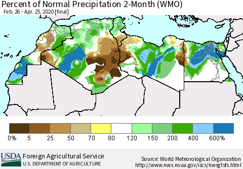North Africa Percent of Normal Precipitation 2-Month (WMO) Thematic Map For 2/26/2020 - 4/25/2020