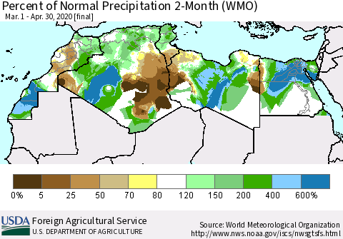 North Africa Percent of Normal Precipitation 2-Month (WMO) Thematic Map For 3/1/2020 - 4/30/2020