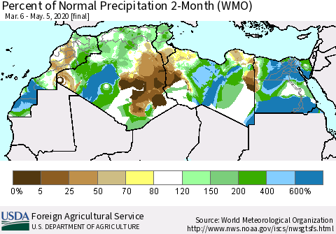 North Africa Percent of Normal Precipitation 2-Month (WMO) Thematic Map For 3/6/2020 - 5/5/2020
