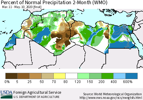 North Africa Percent of Normal Precipitation 2-Month (WMO) Thematic Map For 3/11/2020 - 5/10/2020