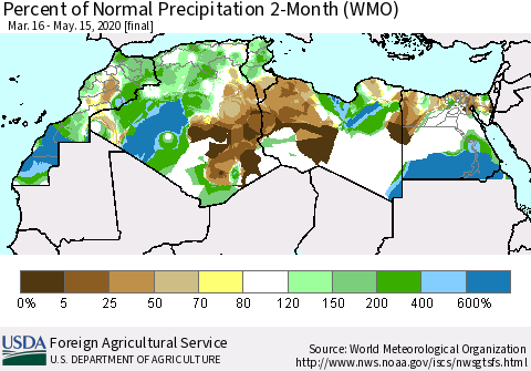 North Africa Percent of Normal Precipitation 2-Month (WMO) Thematic Map For 3/16/2020 - 5/15/2020