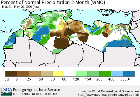 North Africa Percent of Normal Precipitation 2-Month (WMO) Thematic Map For 3/21/2020 - 5/20/2020