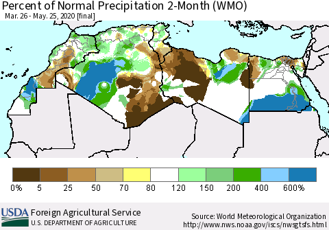 North Africa Percent of Normal Precipitation 2-Month (WMO) Thematic Map For 3/26/2020 - 5/25/2020