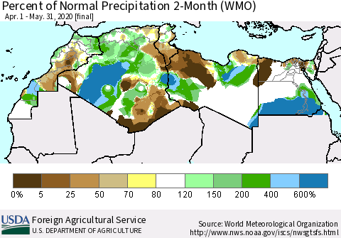 North Africa Percent of Normal Precipitation 2-Month (WMO) Thematic Map For 4/1/2020 - 5/31/2020