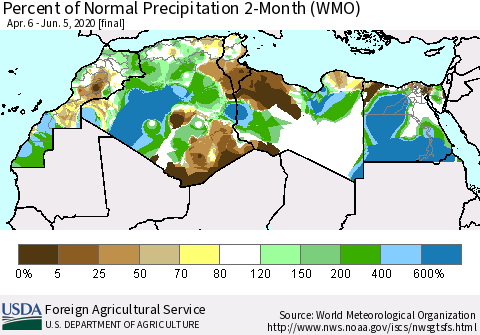 North Africa Percent of Normal Precipitation 2-Month (WMO) Thematic Map For 4/6/2020 - 6/5/2020