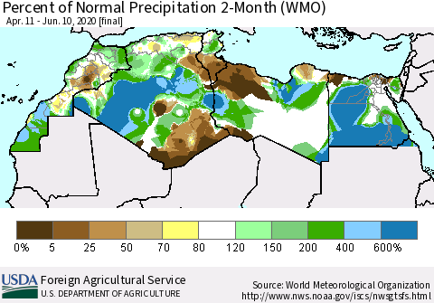 North Africa Percent of Normal Precipitation 2-Month (WMO) Thematic Map For 4/11/2020 - 6/10/2020