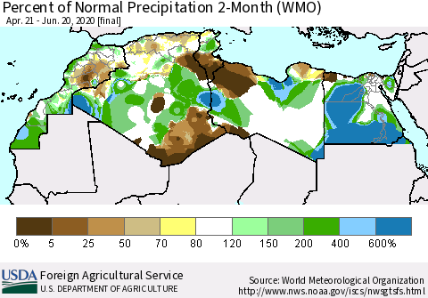 North Africa Percent of Normal Precipitation 2-Month (WMO) Thematic Map For 4/21/2020 - 6/20/2020