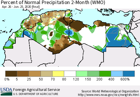 North Africa Percent of Normal Precipitation 2-Month (WMO) Thematic Map For 4/26/2020 - 6/25/2020