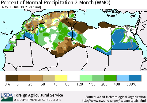 North Africa Percent of Normal Precipitation 2-Month (WMO) Thematic Map For 5/1/2020 - 6/30/2020