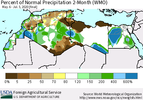 North Africa Percent of Normal Precipitation 2-Month (WMO) Thematic Map For 5/6/2020 - 7/5/2020