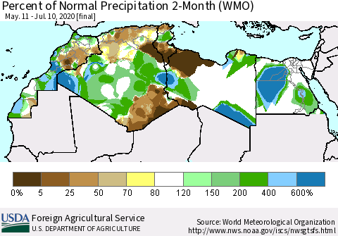 North Africa Percent of Normal Precipitation 2-Month (WMO) Thematic Map For 5/11/2020 - 7/10/2020