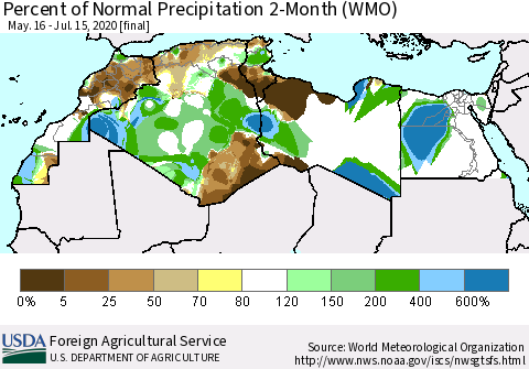 North Africa Percent of Normal Precipitation 2-Month (WMO) Thematic Map For 5/16/2020 - 7/15/2020