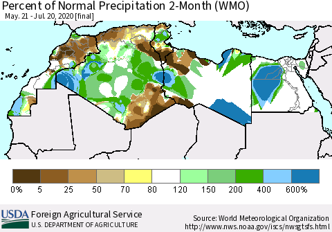 North Africa Percent of Normal Precipitation 2-Month (WMO) Thematic Map For 5/21/2020 - 7/20/2020
