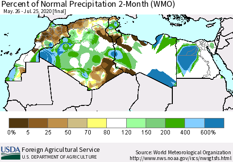 North Africa Percent of Normal Precipitation 2-Month (WMO) Thematic Map For 5/26/2020 - 7/25/2020
