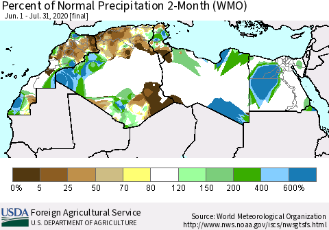 North Africa Percent of Normal Precipitation 2-Month (WMO) Thematic Map For 6/1/2020 - 7/31/2020