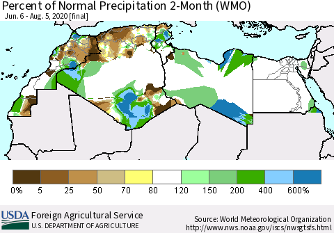 North Africa Percent of Normal Precipitation 2-Month (WMO) Thematic Map For 6/6/2020 - 8/5/2020