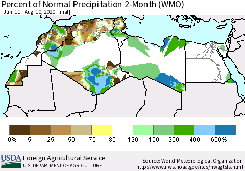 North Africa Percent of Normal Precipitation 2-Month (WMO) Thematic Map For 6/11/2020 - 8/10/2020