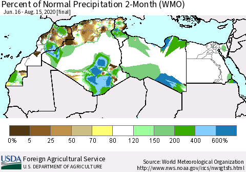 North Africa Percent of Normal Precipitation 2-Month (WMO) Thematic Map For 6/16/2020 - 8/15/2020
