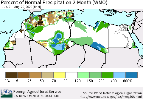 North Africa Percent of Normal Precipitation 2-Month (WMO) Thematic Map For 6/21/2020 - 8/20/2020