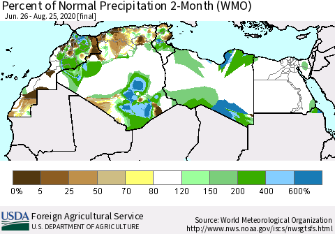 North Africa Percent of Normal Precipitation 2-Month (WMO) Thematic Map For 6/26/2020 - 8/25/2020
