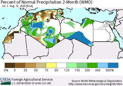North Africa Percent of Normal Precipitation 2-Month (WMO) Thematic Map For 7/1/2020 - 8/31/2020