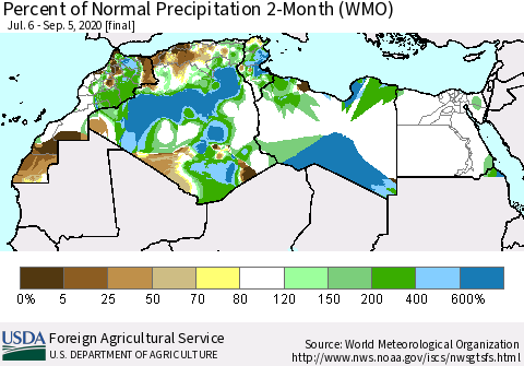 North Africa Percent of Normal Precipitation 2-Month (WMO) Thematic Map For 7/6/2020 - 9/5/2020