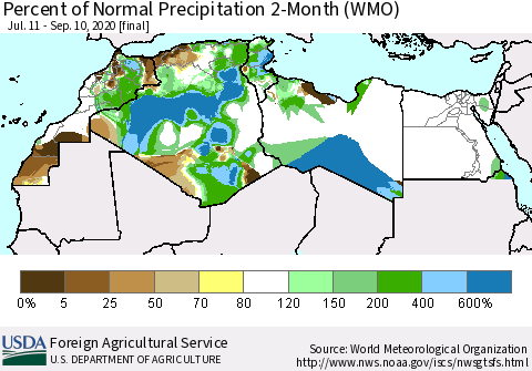 North Africa Percent of Normal Precipitation 2-Month (WMO) Thematic Map For 7/11/2020 - 9/10/2020
