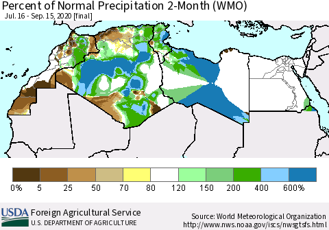 North Africa Percent of Normal Precipitation 2-Month (WMO) Thematic Map For 7/16/2020 - 9/15/2020