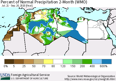 North Africa Percent of Normal Precipitation 2-Month (WMO) Thematic Map For 7/21/2020 - 9/20/2020