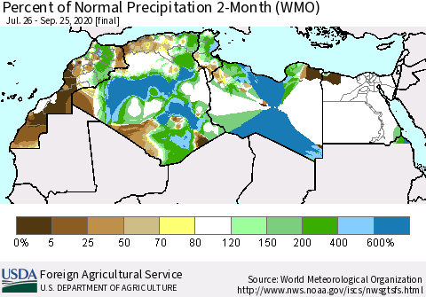 North Africa Percent of Normal Precipitation 2-Month (WMO) Thematic Map For 7/26/2020 - 9/25/2020