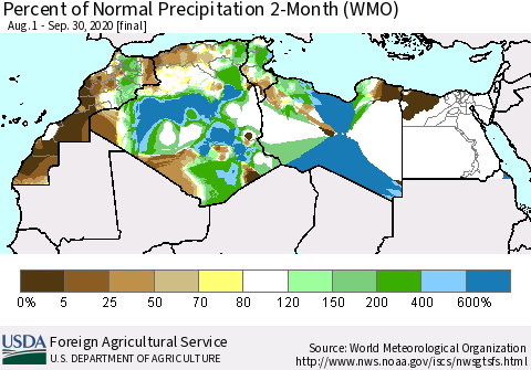 North Africa Percent of Normal Precipitation 2-Month (WMO) Thematic Map For 8/1/2020 - 9/30/2020