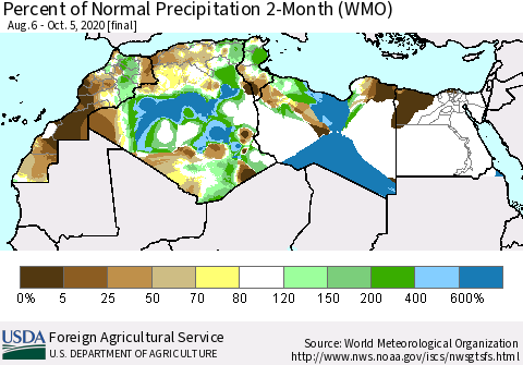North Africa Percent of Normal Precipitation 2-Month (WMO) Thematic Map For 8/6/2020 - 10/5/2020