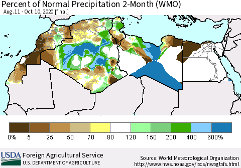 North Africa Percent of Normal Precipitation 2-Month (WMO) Thematic Map For 8/11/2020 - 10/10/2020
